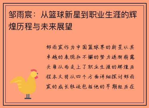 邹雨宸：从篮球新星到职业生涯的辉煌历程与未来展望